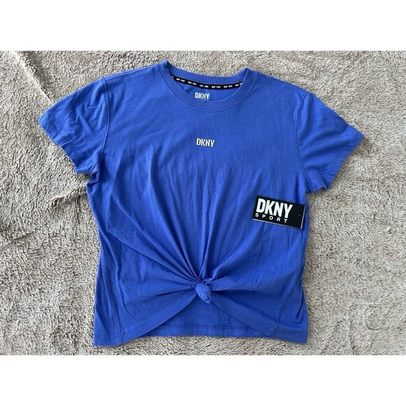 Dkny Sport Women's Metallic Bubble Logo Knot-Front T-Shirt Blue Tee - Picture 4 of 13
